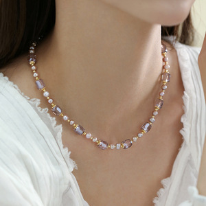 Autumn Winter Female Niche Design Crystal Bead <b>Necklace</b> French <b>Pink</b> Purple Natural Pearl Chain for Sweaters Sweater Chain - Product Image 2