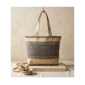 Bolsa de Mano Tejida a Mano de Algodón Suave, Bolsa de Hombro Ecológica de Fibra Natural, Gris a Rayas, para la Playa o el Mercado, a Bajo Precio - Product Image 1