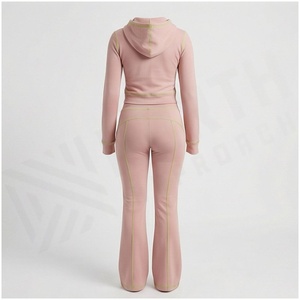 Women <b>Pink</b> Hooded Tracksuit Set Full Length Zipper <b>Sweatshirt</b> & Jogger Pants Solid Color Casual Loose Fit Spring Wear - Product Image 2