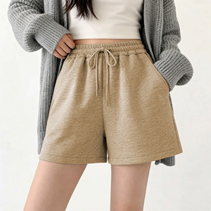 <b>Women's</b> <b>White</b> Solid Color Knitted Cotton <b>Shorts</b> High Waist Drawstring Elastic Casual Loose Fit With Pockets - Product Image 4
