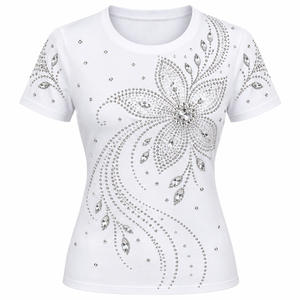 T-shirt blanc à manches courtes pour femme, orné de strass et de cristaux, coupe ajustée, décontracté, tendance, personnalisable, séchage rapide, respirant - Product Image 2