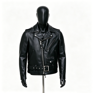 Chaqueta de Motociclista de Cuero Genuino para Hombre, Cuello Camisero, Cierre de Cremallera, Cinturón, Color Sólido, para Otoño e Invierno - Product Image 1