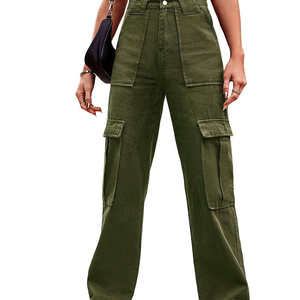 Pantalon cargo taille haute pour femme, vert olive uni, en toile, décontracté, longueur intégrale, avec poches, coupe ample, style printemps - Product Image 4