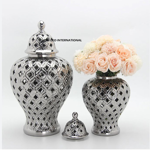 Hot Selling Embossed Texture Decorative Ginger Jars Vase Silver Plated <b>Set</b> of 2 Multiple Sizes Eco-Friendly Feature - Product Image 1