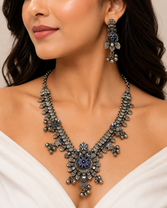 Oxidized Silver Lovers Bohemian Jewelry Set Bezel Setting Rhodium Plated Necklace Earring Zircon Women's Anniversary <b>Gift</b> - Product Image 2