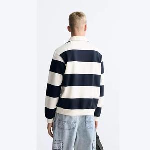 Camiseta de Hombre a Rayas de Manga Corta con Cuello Alto, Tejida, 100% Algodón, Transpirable, Corte Regular, Diseño Casual, Color Azul Marino y Blanco - Product Image 1