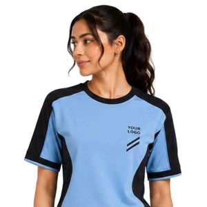Ensemble décontracté deux pièces personnalisé pour femme, t-shirt à manches courtes bleu ciel et noir et pantalon droit, avec contraste - Product Image 3