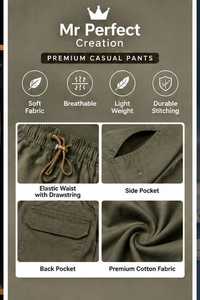 Pantalon cargo en coton pour homme, pantalon décontracté, couleur unie, design multi-poches, taille élastique, coupe confortable, élégant, à porter au quotidien - Product Image 6