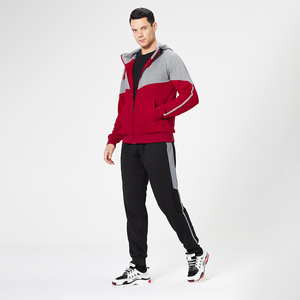 Survêtement à capuche rouge et gris pour homme, manches longues, fermeture éclair, poches latérales, coupe classique, style sportif, vêtements décontractés d'automne - Product Image 1