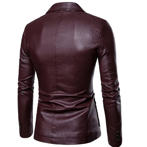 Men Burgundy Leather <b>Blazer</b> Notched Collar Single Breasted Regular Fit Full Length Sleeve - Product Image 2