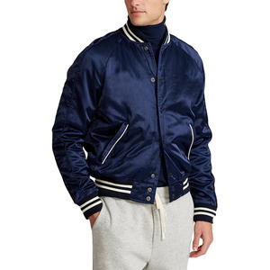 Men's Navy Varsity Jacket <b>Turn</b>-down Collar Regular Fit Solid Color Button Closure Autumn Wear - Product Image 5