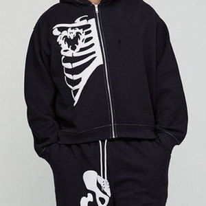 Ensemble de survêtement à capuche pour homme Econex Sports, imprimé squelette noir, sweat-shirt et pantalon à fermeture éclair intégrale, coupe régulière, grande taille, léger, printemps - Product Image 4