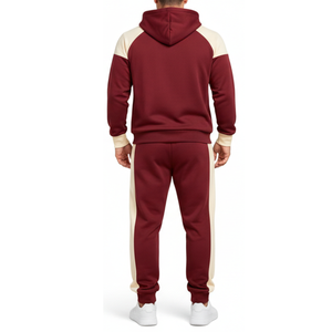 ชุดวอร์มผู้ชายสีแดงอมน้ำตาลและครีมยอดนิยม – เสื้อฮู้ดแขนราแกลนพร้อมขอบแขนเสื้อแบบตัดกัน กางเกงเข้าชุด ชุดกีฬาสองชิ้น - Product Image 2