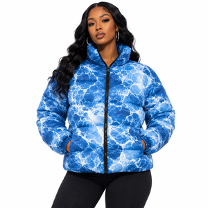 Chaqueta Acolchada Cosh International con Estampado de Mármol Azul, Cortavientos, Cuello Alto, Cierre de Cremallera, Gruesa, Informal, de Invierno, Unisex - Product Image 1