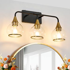 23-Inch Modern 3-<b>Light</b> Vanity <b>Wall</b> <b>Sconce</b> Black Gold Bathroom <b>Light</b> Fixture with Clear Glass Shades Industrial LED Compatible - Product Image 1
