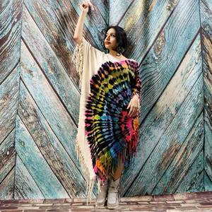 Handmade Tie Dye Viscose <b>Kaftan</b> Women's Three-Quarter Sleeve Ankle-Length Casual Dress Slit Contrast Color Plus Size - Product Image 1