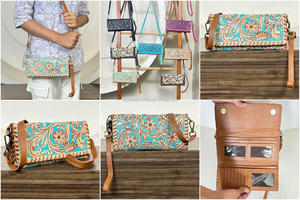 Sac à main de luxe en cuir floral fait main, pochette, nouveau design 2026, en cuir de vachette véritable, mini sac pour femme, portefeuille à trois volets - Product Image 3