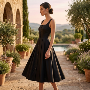 Elegante Vestido Midi Negro sin Mangas con Cuello Cuadrado, Estilo Vintage para Fiesta, Cóctel o Noche, con Dobladillo Acampanado, Moda Casual Chic para Mujer - Product Image 3