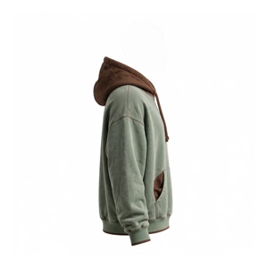 Sweat-shirt à capuche pour homme, coupe classique, vert et marron unis, en molleton de coton, anti-plis, avec poche, décontracté, pour l'hiver - Product Image 4