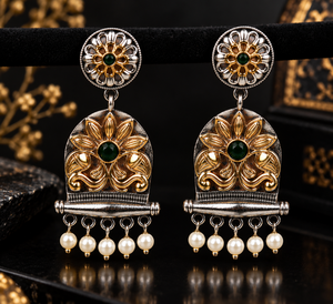 Boucles d'oreilles pendantes bohèmes florales en argent oxydé bicolore avec pierre verte sertie clos et perles pour femme - Prix de gros - Fournisseur - Product Image 3