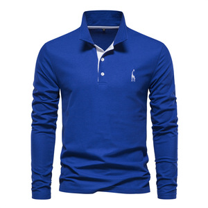 Polo à manches longues blanc pour homme avec logo girafe brodé bleu, tissu Oxford en coton décontracté, design respirant - Product Image 4