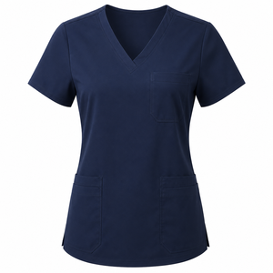 Haut de blouse médicale personnalisé pour femme avec logo, col en V, manches courtes, poches utilitaires, couleur unie, pour clinique - Product Image 1