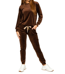 Conjunto Deportivo de Terciopelo Marrón para Mujer, Pantalones Largos de Color Sólido con Bolsillos Laterales y Cintura con Cordón, Ropa Casual de Otoño - Product Image 1