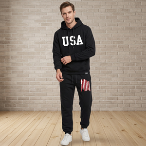 Unisex USA Printed Solid Fleece <b>Hoodie</b> and Pants Tracksuit Set Black Cotton Casual Autumn Wear Full Sleeve Drawstring Joggers - Product Image 5