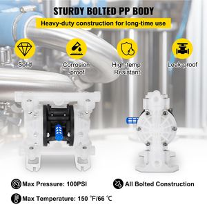 Bomba de Diafragma Doble de 8.8 GPM y 120 PSI con Entrada y Salida de 1/2 Pulgada, Cuerpo de Polipropileno y Diafragma de PTFE para Piezas Neumáticas - Product Image 3