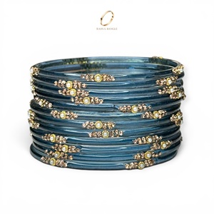 Bracelets de mariée indiens de luxe, bracelets en verre bleu kashmiri tendance, cristaux floraux, pour mariage et occasions festives, prix de gros - Product Image 5