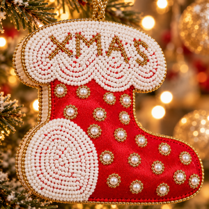Chaussette de Noël décorative moderne, broderie perlée Zari, ornements festifs faits à la main pour mur/arbre, artisanat en pierre - Product Image 3