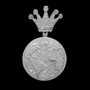 Globe World <b>Crown</b> Bail Iced Out Diamond Pendant Necklace Rhodium Plated Men's Party - Product Image 4