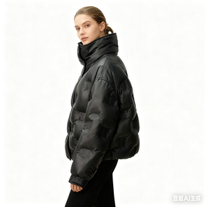Veste d'hiver en duvet personnalisée en cuir PU gaufré, à capuche, pour femme, fermeture éclair, décontractée, chaude - Product Image 4