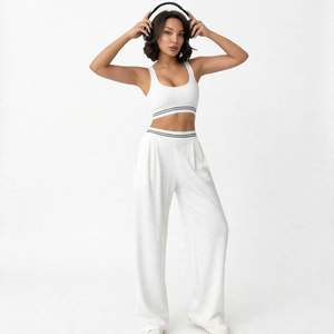 Women Yoga Set <b>White</b> Crop Top Wide Leg Pants High Waist V-Shaped Spandex/Polyester Breathable <b>2</b> <b>Piece</b> Activewear Racerback - Product Image 1