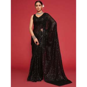 Adorable sari noir en georgette à sequins, non cousu, 1000g, pour soirée - Product Image 1