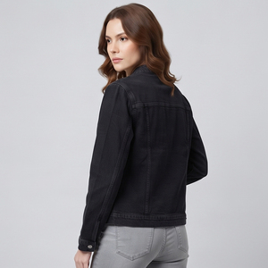 Women's Black <b>Denim</b> Quilted Trucker <b>Jacket</b> Stand Collar Full Sleeve Button Closure Windproof Breathable Fashion Style - Product Image 3