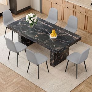 Set di Tavolo e Sedie da Pranzo di Lusso con Motivo in Marmo Nero, 200x100x76 cm, Piano in MDF Spesso 9 cm, Coppia - Product Image 3