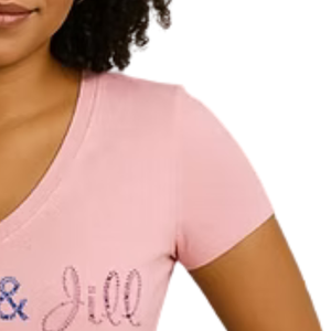 Camiseta Rosa con Cuello en V y Diseño de Letras Cursivas Brillantes para Mujer, Ropa Casual para el Día a Día, Estilo Urbano, Cómoda y a la Moda - Product Image 3