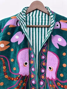 Premium Turquoise <b>Velvet</b> Embroidered Suzani <b>Jacket</b> with Octopus Pattern Full Sleeve Stand Collar Handmade Bohemian Autumn Coat - Product Image 2