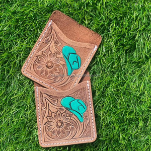 Tarjetero de sombrero de vaquero turquesa de cuero con herramientas a mano de moda occidental para mujer, tarjetero de cuero genuino personalizado con flores - Product Image 4