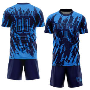 Conjunto de Uniforme de Fútbol con Diseño Gráfico Azul Desgastado, Sublimado, en Poliéster, Pantalones Cortos de Secado Rápido y Transpirables, para Equipos, Venta al Por Mayor, OEM - Product Image 1