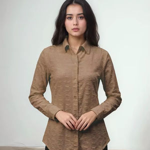 Robe décontractée d'été taupe texturée à motif floral, col rabattu, patte de boutonnage, manches longues régulières, ourlet incurvé - Product Image 1