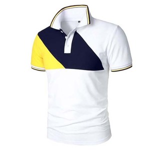 Polo à manches courtes pour homme, tissu tricoté décontracté, color-block blanc, marine, jaune - Product Image 4
