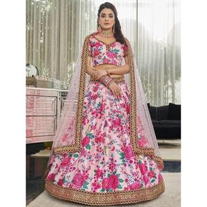 Lehenga Choli semi-cousu en soie artificielle à imprimé floral rose clair pour mariage par Zeel Clothing - Product Image 1