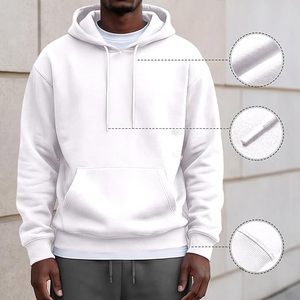 Sweat-shirt à capuche blanc pour homme, coupe classique, en molleton de coton, couleur unie, tricoté, avec poches, idéal pour l'automne - Product Image 3