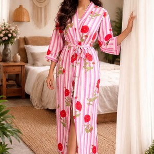 Bata de baño tipo kimono de algodón para mujer, bata de satén de lujo con estampado floral, bata de baño ligera de verano, bata de kimono para fiesta nupcial - Product Image 2