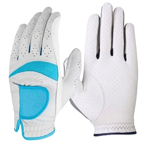 Gants de golf en cuir véritable blanc avec accent turquoise, respirants, unisexes, fermeture à enfiler - Product Image 1