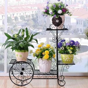 Support à fleurs vintage en métal avec roulettes et trois niveaux pour plantes et fleurs d'intérieur, design rustique, finition thermolaquée - Product Image 5