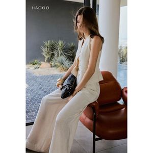 Q9071 Beige Breathable Solid Mid Waist Wide Leg Sleeveless Button Front Trousers Set Casual Summer Women Outfit - Product Image 2