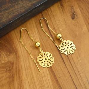 <b>Gold</b> Plated Brass Ethnic Floral Threader Drop <b>Earrings</b> for Unisex | Filigree Flower Chain <b>Dangle</b> Party <b>Earrings</b> - Product Image 4